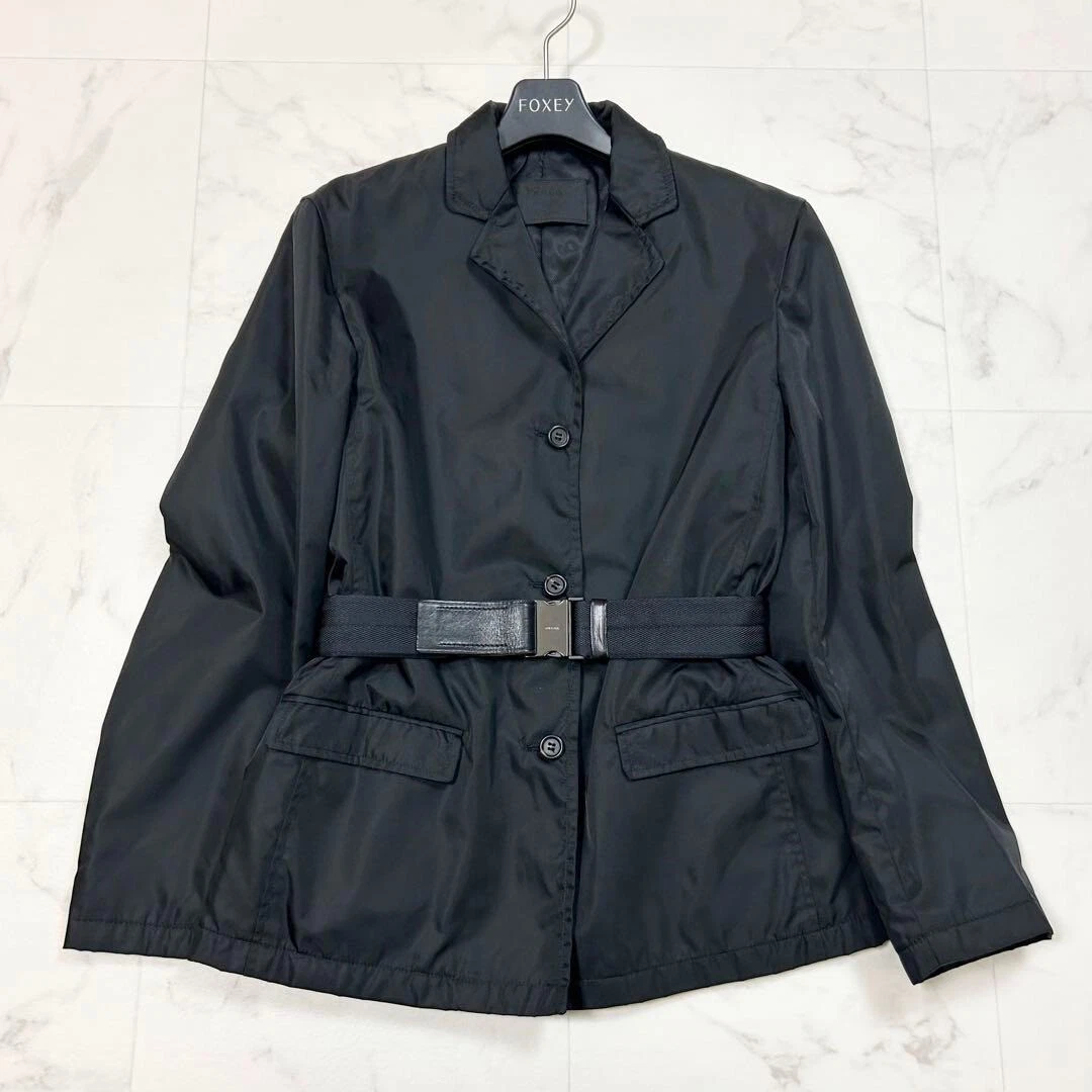 Autentica giacca PRADA nylon con fibbia cintura logo nera donna usata taglia 38