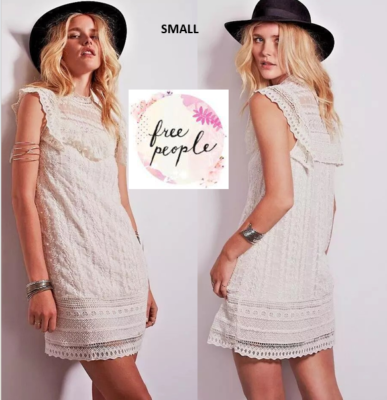 Free People Off-White Crochet Victoria Mock Neck Shift Sleeveless Mini Dress  | eBay