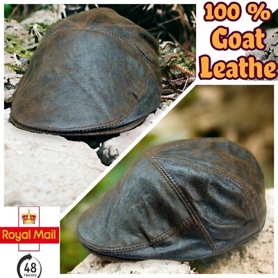 Distressed braune voll gefütterte flache Herrenkappe echtes reines Ziegenleder Efeu Gatsby Kappe