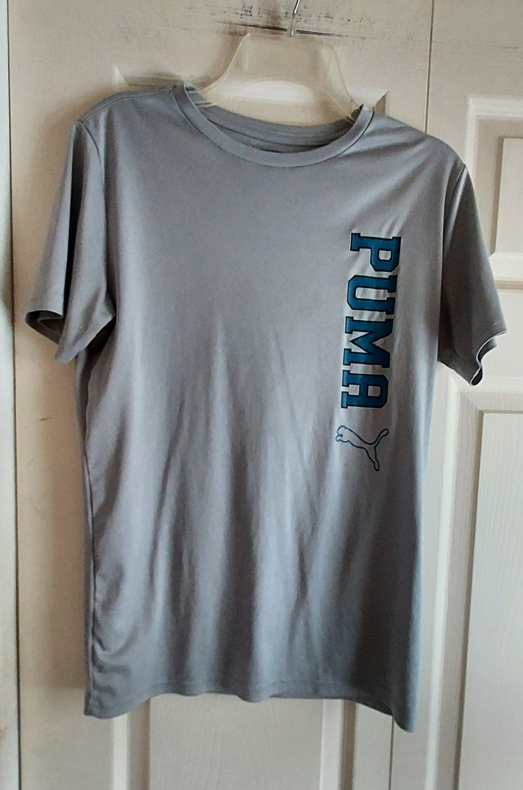 Puma Youth XL T Shirt Blue Spellout Print Logo Gray Soft Athleisure