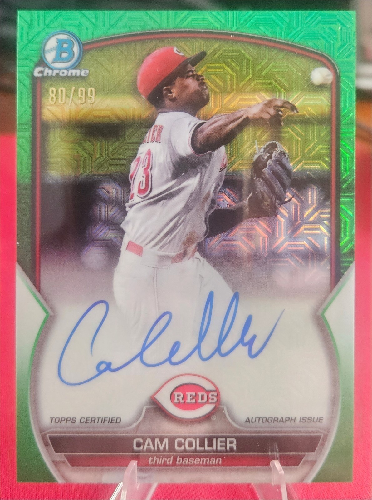 2023 Bowman Cam Collier Chrome Prospect Green Mojo Auto /99 #BMA-CCR (RC) Reds