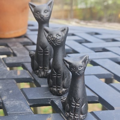 Set of 3 Folk Art Black Clay Cat Figurines Collectible Decorative Sculpture