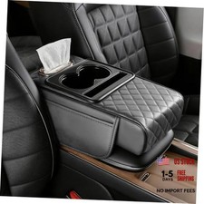 5-in-1 Nappa Leather Console Armrest Cover with Cup Holder Built Light Gray
