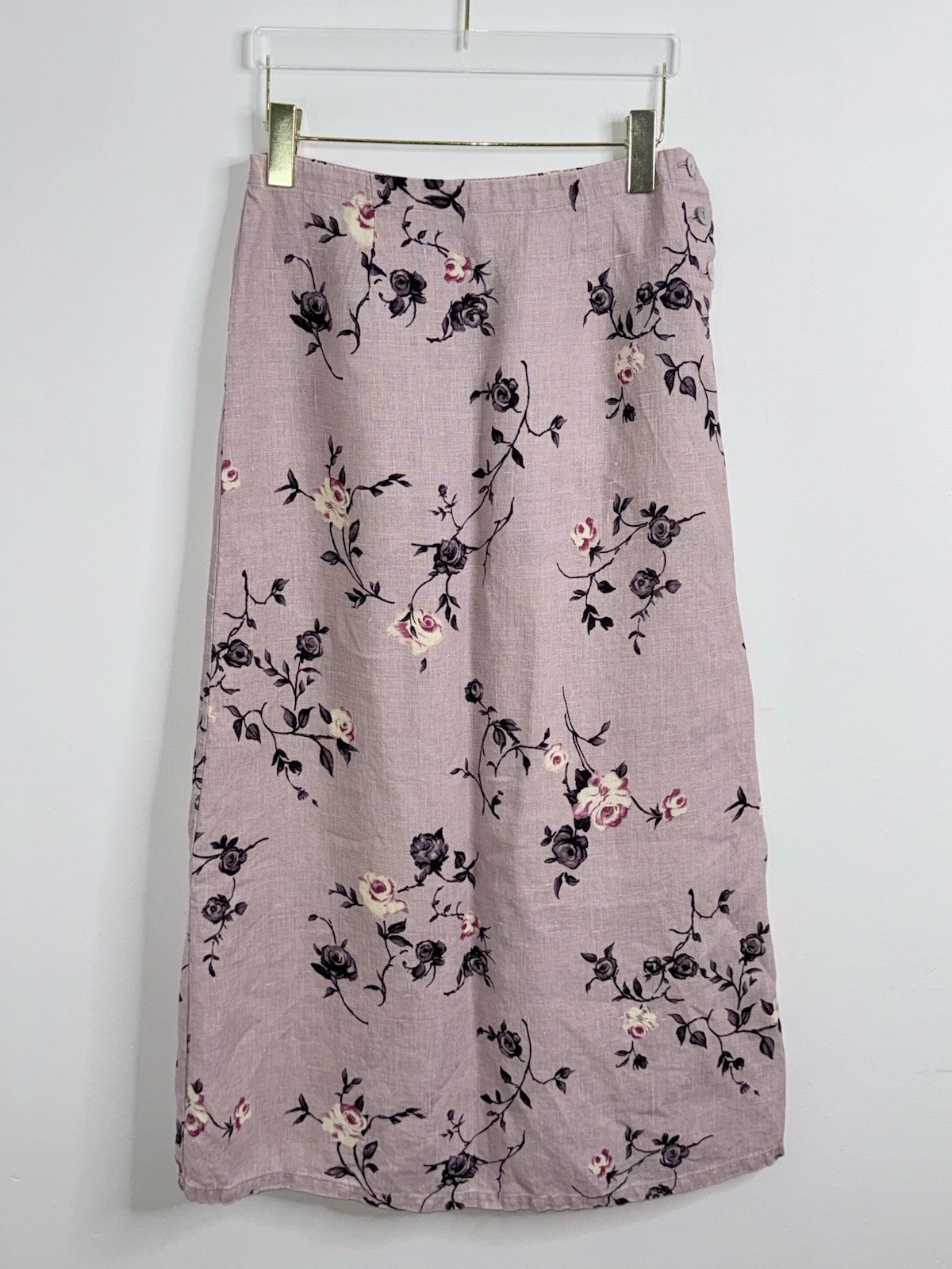 Cut Loose A Line Midi Skirt Sz S Floral Button Artsy Lagenlook 100% Linen Pink
