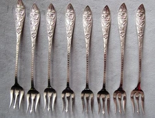 Bright Cut Oyster/Seafood/Cocktail Forks ~ Set of 8 Sterling Silver ~ Mono "R"
