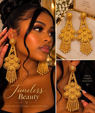Gold Tone Ornate Chandelier Dangle Drop Earrings Metal No Stone for Lobe