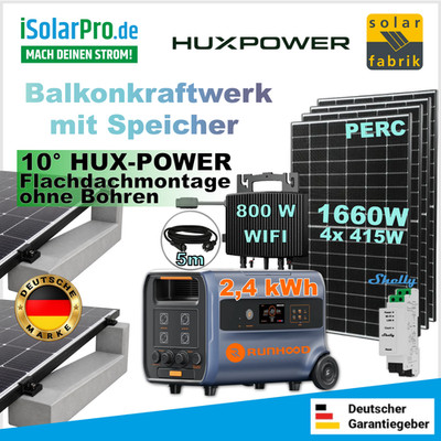800W/1.660W Balkonkraftwerk Komplettset mit 2.4kWh RUNHOOD F2400 Powerstation &