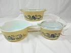 3 VTG Casserole Set Pyrex Homestead lid (Blue Folk Art Design) 473, 474-B 475-B