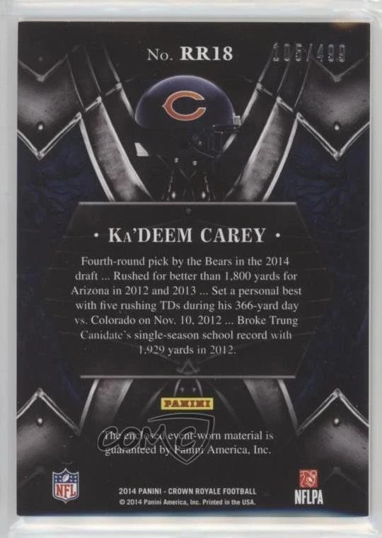 2014 Panini Crown Royale Rookie Royalty Materials /499 Ka'Deem Carey #RR18 RC - Image 2 of 2