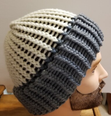 Very Soft Wool Blend Gray & Creamy White Hand Knitted 100% Handmade Beanie