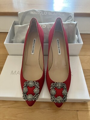 Authentic Manolo Blahnik Hangisi 38 NIB NEW Satin Red