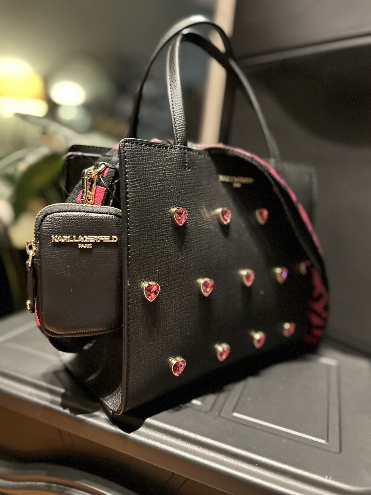 KARL LAGERFELD Black Maybelle Satchel Handbag With Pink Hearts | NWT | Sold-out! image 2