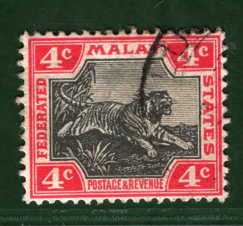 MALAYA FMS Stamp 4c TIGER Used ex Old-time Collection ORANGE465 - Picture 4 of 6