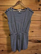 Michael Kors Stripe Zip Sleeve Drawstring Dress Sz M Navy White Nautical Beach