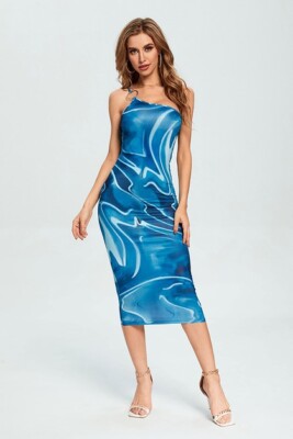 New Women's Fitted Blue Abstract Printed Bodycon Dress | eBay