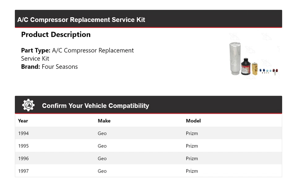 适用于 1994 - 1997 年 Geo Prizm 空调压缩机更换服务套件 4 季 1995 — 第 2/4 张图片