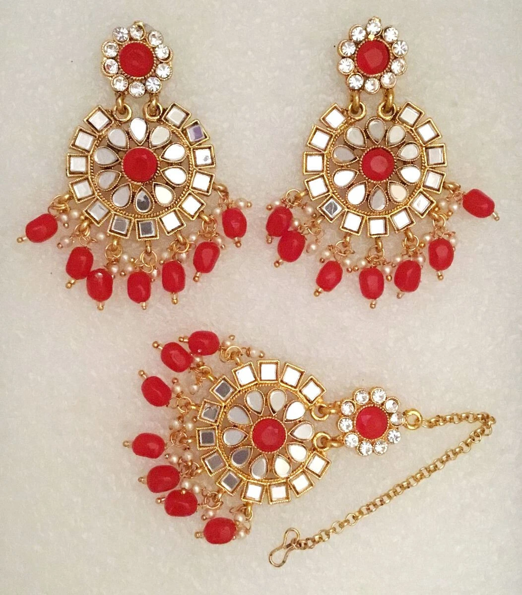 Gold Jadau Dark Pink Earings Bridal Punjabi Indian Wedding Earrings Tikka  Muslim | eBay