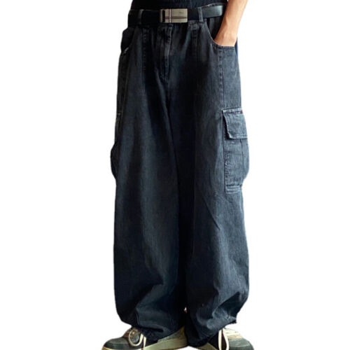 Men's Jeans Hip Hop Denim Pants Cargo Pocket Loose Skateboard Street Wear - Picture 1 of 5