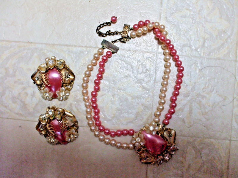 Miriam Haskelle VINTAGE 2 STRAND PIN & IVORY Faux PEARL Choker NECKLACE/ Earring