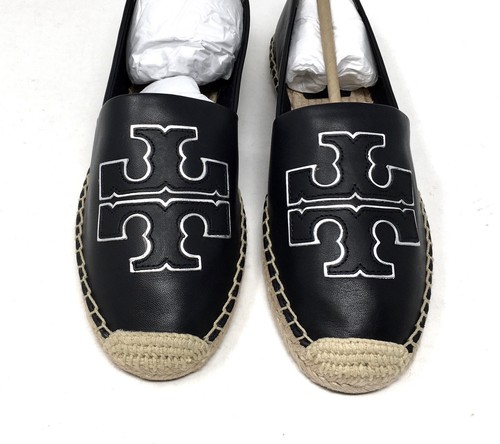 Tory Burch Ines Alpargata Cuero Plano Negro Plata Zapatos EE. UU. 8 NUEVO EN CAJA - Imagen 5 de 15