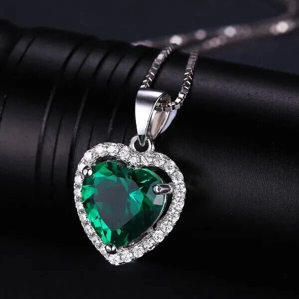 2CT Heart Lab Created Emerald Diamond Halo Women's Pendant 14K White Gold Plated - Image 4 of 4
