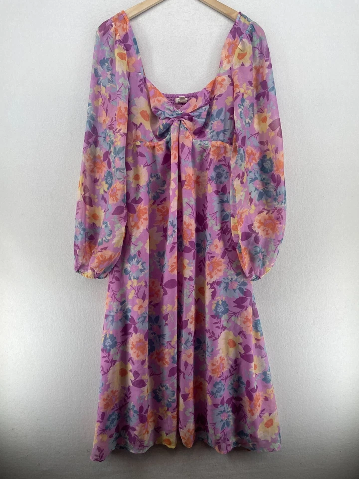 BILLABONG Dress L SALTY BLONDE Paradise Love Floral Smocked Balloon Sleeve Pink - Image 2 of 4