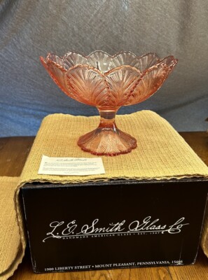 L.E. Smith Glass Co. Pink Plume Compote Pedestal Bowl  Authentic Handmade Glass 
