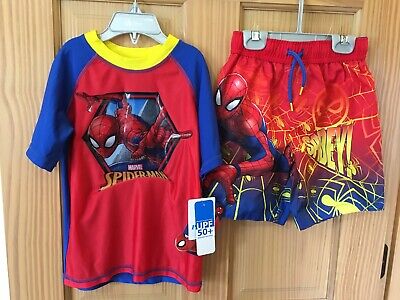 New Marvel Boys Spiderman Rash Guard Shirt and Short Set UPF 50+