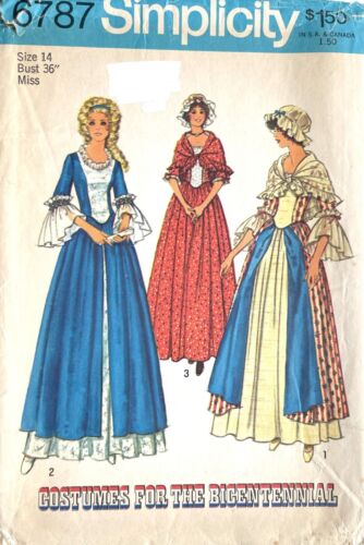 1970er Simplicity Zweihundertjähriges Kostüm Kleid, Mütze, Schalmuster 6787 Größe 14 UNC