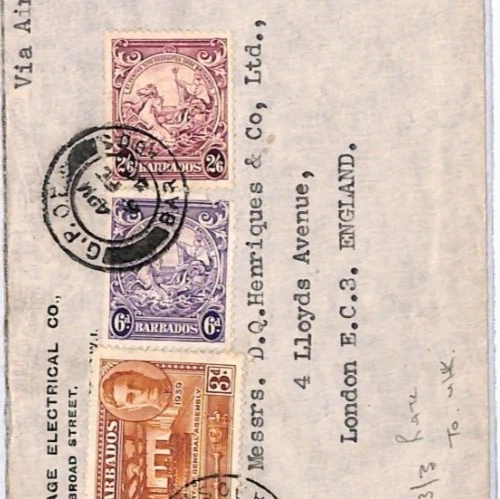 Cubierta de correo aéreo Barbados Segunda Guerra Mundial 2s/6d alto valor 3s/3d tarifa 1940 Londres YX39 Foto 4 de 4