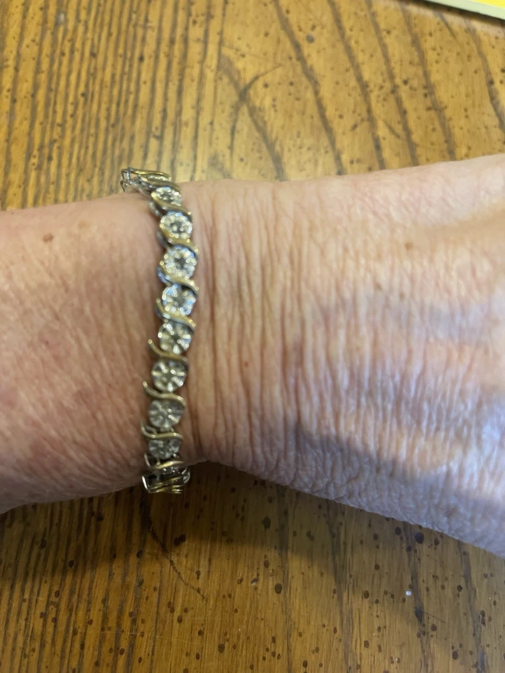 Antiga pulseira de tênis de diamante esterlina testada fecho de segurança 7,5 polegadas tom dourado 14 gramas - Imagem 2 de 4