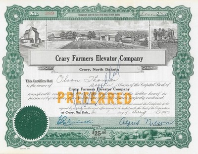 Crary Farmers Elevator Co. - Stock Certificate - Agricultural Stocks & Bonds