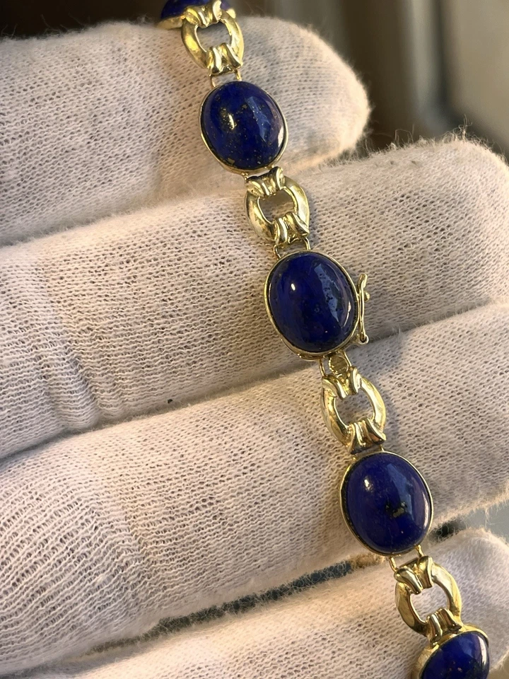 Brazalete de cadena vintage de eslabones de lapislázuli azul ovalado de oro amarillo de 14K Estate de 8 pulgadas Foto 2 de 4