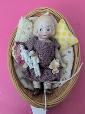 4" Antique German All Bisque Doll Jointed Googlie Eyes Blonde Girl W/Dollies #SF