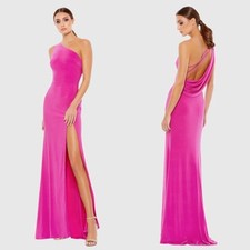 NWT Mac Duggal Sz 8 Candy Pink Jersey One Shoulder Draped Back Gown full length