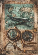 Vintage Style Travel Airplane & Compass on World Map Image Card 4x6 Blank Back