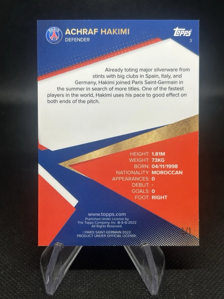2021-22 Topps PSG Paris Saint-Germain Team Set #3 Achraf Hakimi 1/1 Gold Foil - Image 2 of 3