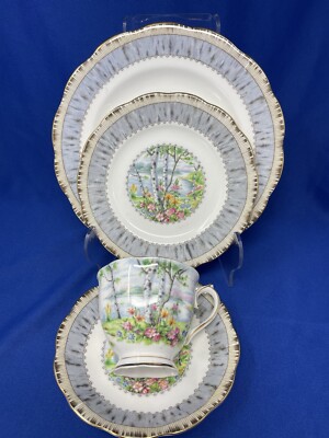 Royal Albert Silver Birch Tea Cup/Saucer Salad, B&B Plates 4 Piece Set England