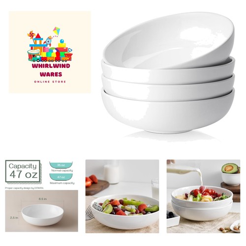 8.5" Diameter x 2.5" Deep Pasta, Salad & Soup Serving Bowls Set of 4, Creamy ...