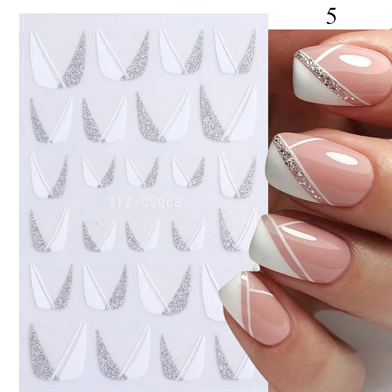 Nail Art Stickers Glitter Silver White French Design Self-adhesive