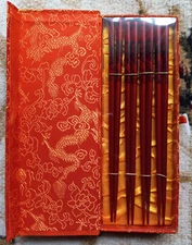 Set of 4 Ruby Red Floral Asian Chopsticks with Pretty Red & Gold Brocade Case