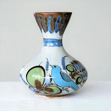 Ken Edwards TONALA Mexican Pottery Vase Bird Butterfly 7" Hand Painted Stoneware