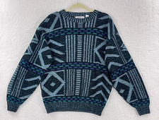 Saturdays Sweater Mens Large Black Green Geo Print VTG Long Sleeve Knit Heavy