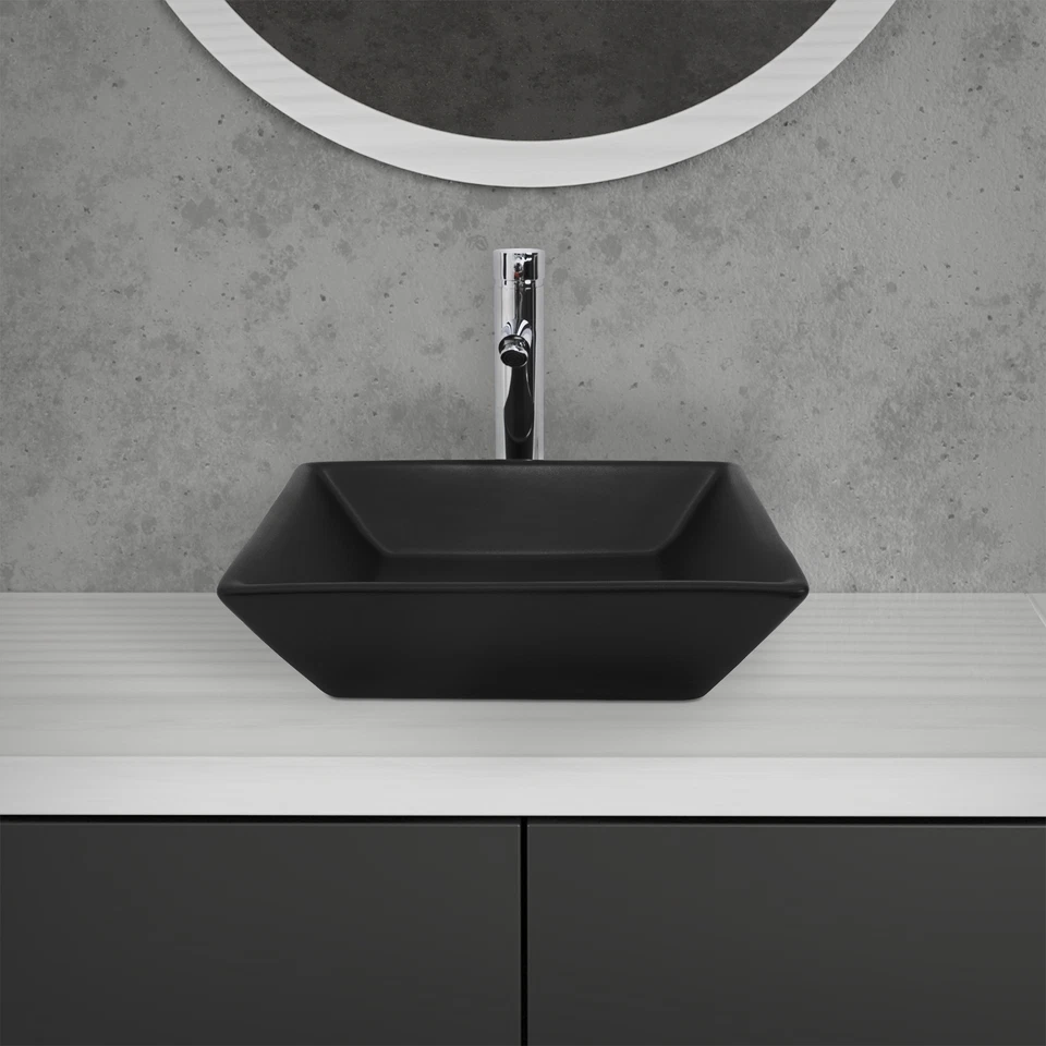 Vasque carré céramique noir lavabo à poser sur plan de toilette 410x410x120 mm - Photo 4/4