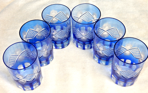 COBALT CUT TO CLEAR GLASSES, SET OF SIX, DRINKWARE, BARWARE, WATER, COCKTAILS - Picture 2 of 12