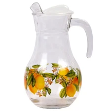 Lemons Glass Pitcher with Lid, Water Jug with Wraparound Floral Pattern, 1.9 qt