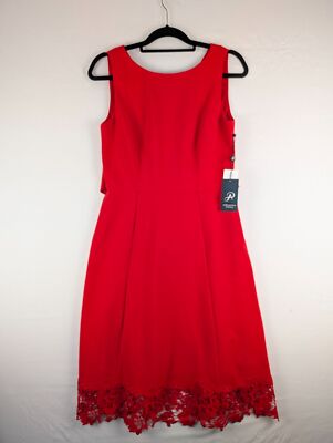 Adrianna Papell Dress Womens 6 Cherry Red Day Stretch Knit Crepe with Lace  Trim | eBay