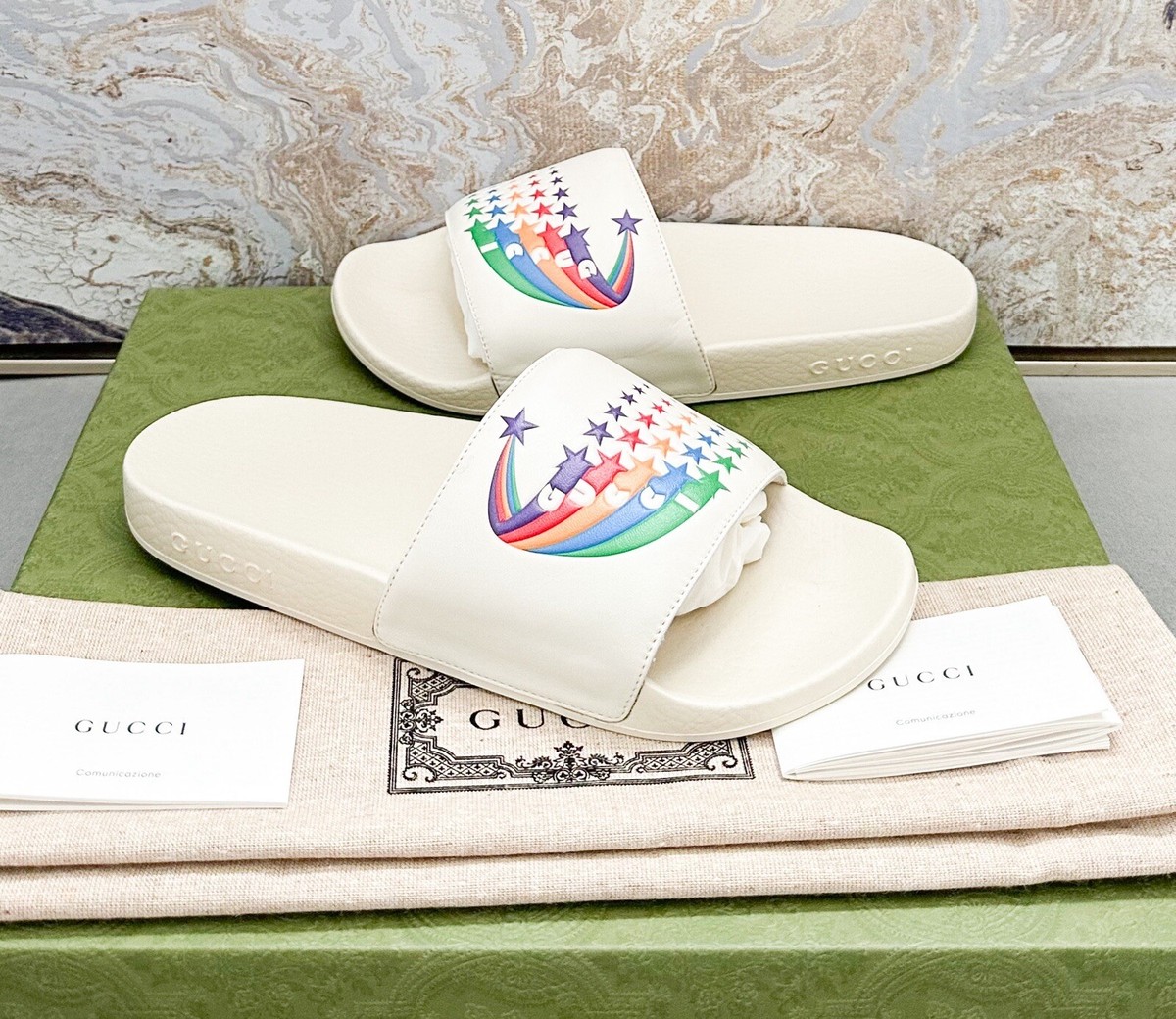GUCCIレインシューズ38サイズ Gucci Rainbow Pursuit White Leather Slide Sandals | eBay