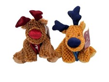 Lot 2 Holiday Time Plush Moose Wearing Scarf Red Blue Floppy Bean Bag 7  