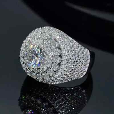 4 Ct Round Cut Real Moissanite Cluster Men's Wedding Ring 14K White Gold Plated